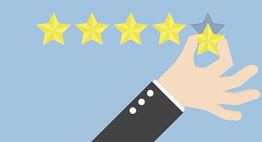 Businessman hand giving five star rating, Feedback concept